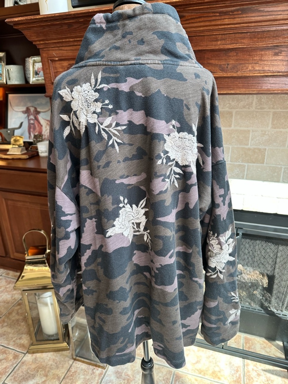 JOHNNY WAS Camouflage Hooded Sweater with Floral Embroidery - Gray/Purple - Picture 2 of 5